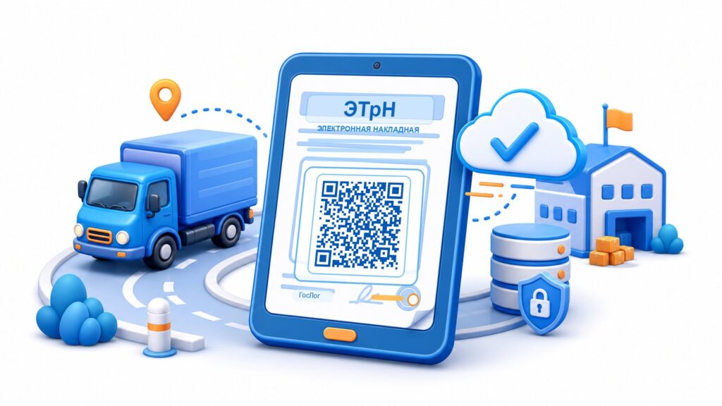 Электронная транспортная накладная (ЭТрН) 2026: планшет с QR-кодом, грузовик, облачное хранилище, ЦОД и метка безопасности — обложка статьи rosperevozki.ru про опыт перевозчика в реестре ГосЛог
