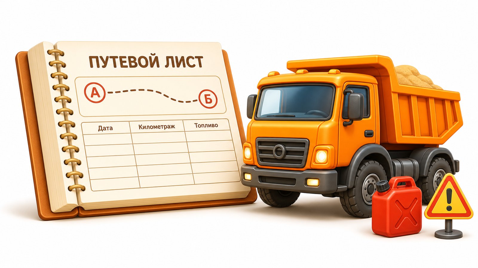 Путевой лист грузового автомобиля 2026: блокнот с реквизитами (дата, километраж, топливо), самосвал, канистра ГСМ — обложка статьи rosperevozki.ru про оформление по Приказу Минтранса № 390/2022