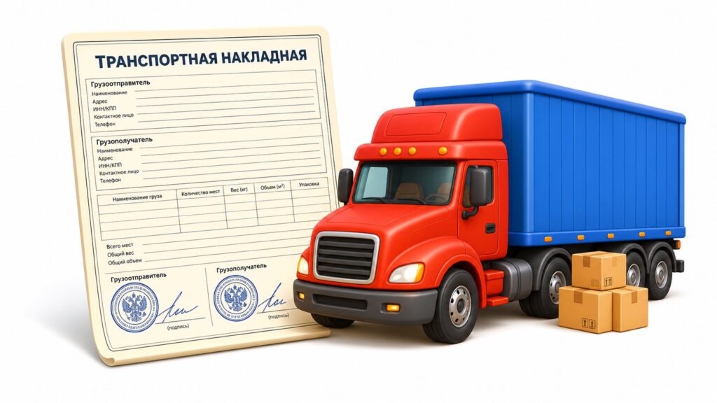 Транспортная накладная 2026: бланк формы ПП-2200, грузовик с прицепом и коробками — обложка статьи rosperevozki.ru про заполнение ТН и переход на ЭТрН