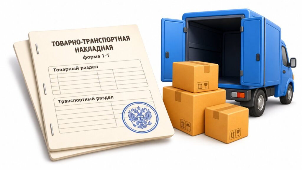 Товарно-транспортная накладная по форме 1-Т 2026: бланк с товарным и транспортным разделами, печатями, коробки и фургон — обложка статьи rosperevozki.ru про ТТН в 2026 году